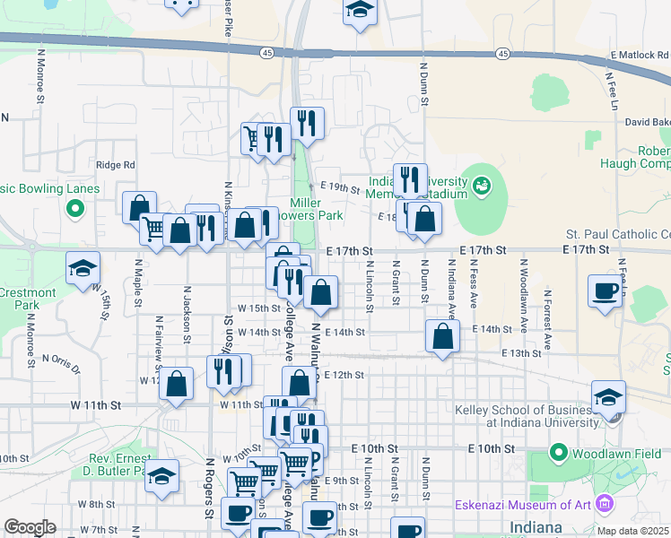 map of restaurants, bars, coffee shops, grocery stores, and more near 1214 North Washington Street in Bloomington