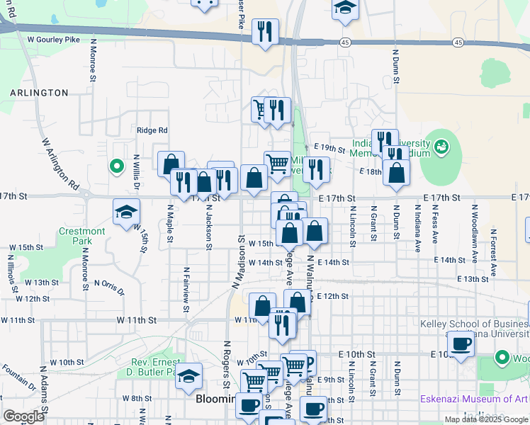map of restaurants, bars, coffee shops, grocery stores, and more near 314 West Kenwood Drive in Bloomington