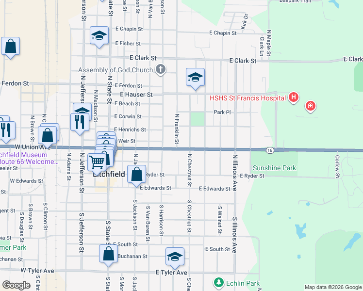 map of restaurants, bars, coffee shops, grocery stores, and more near 508 North Franklin Street in Litchfield