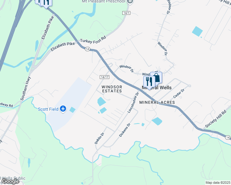 map of restaurants, bars, coffee shops, grocery stores, and more near 33-34 Oakbrook Lane in Mineral Wells