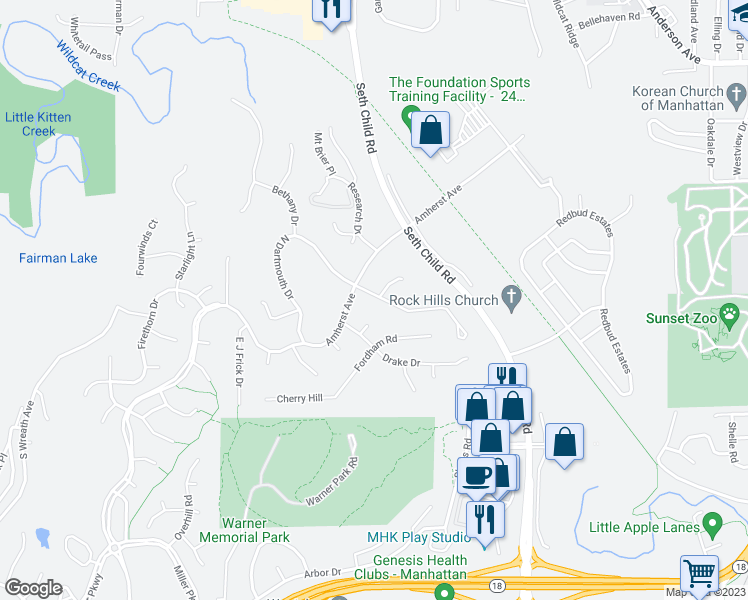 map of restaurants, bars, coffee shops, grocery stores, and more near 112 South Dartmouth Drive in Manhattan