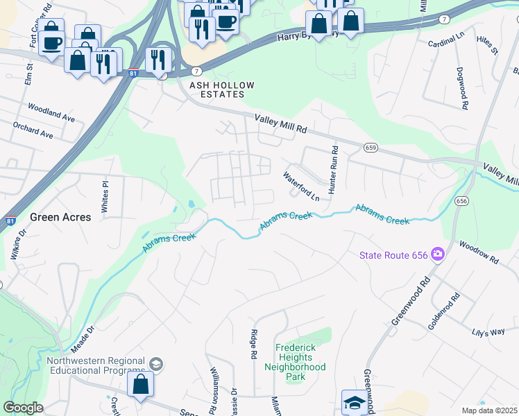 map of restaurants, bars, coffee shops, grocery stores, and more near 223 Monticello Square in Winchester