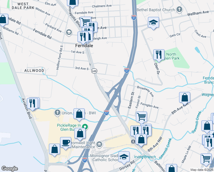 map of restaurants, bars, coffee shops, grocery stores, and more near 61 Bremer Drive in Glen Burnie