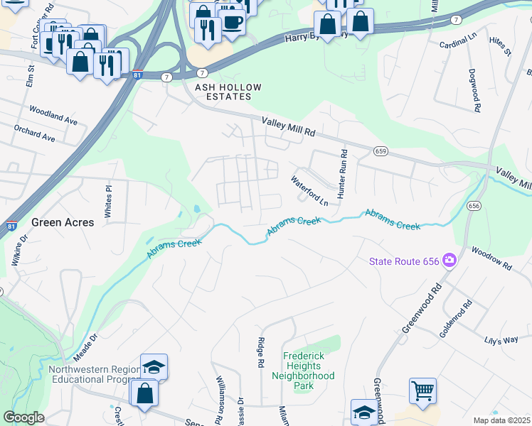 map of restaurants, bars, coffee shops, grocery stores, and more near 223 Monticello Square in Winchester