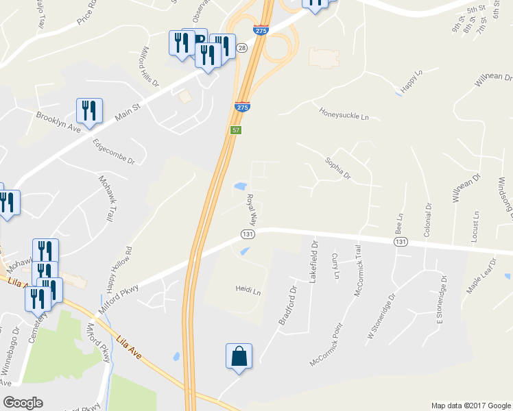 map of restaurants, bars, coffee shops, grocery stores, and more near 826 Ohio 131 in Milford