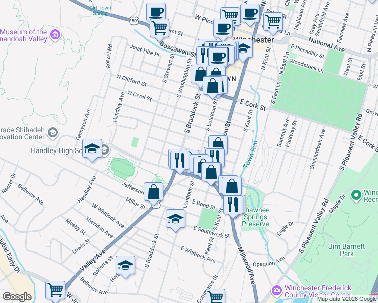 map of restaurants, bars, coffee shops, grocery stores, and more near 19 West Germain Street in Winchester