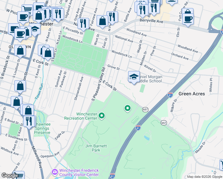 map of restaurants, bars, coffee shops, grocery stores, and more near 923 East Cork Street in Winchester