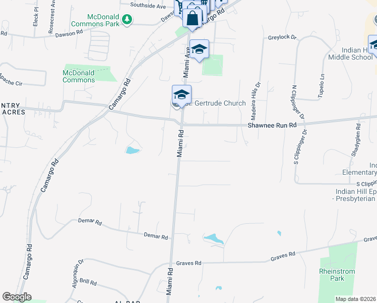 map of restaurants, bars, coffee shops, grocery stores, and more near 6340 Miami Road in Cincinnati