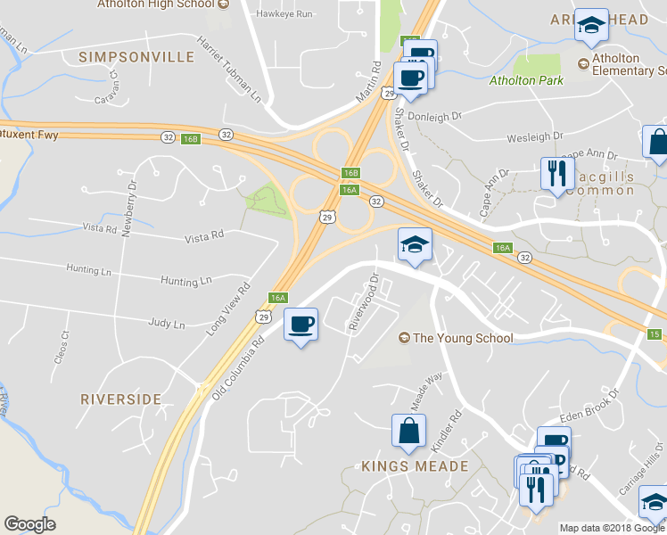 map of restaurants, bars, coffee shops, grocery stores, and more near 10400 Old Columbia Road in Columbia