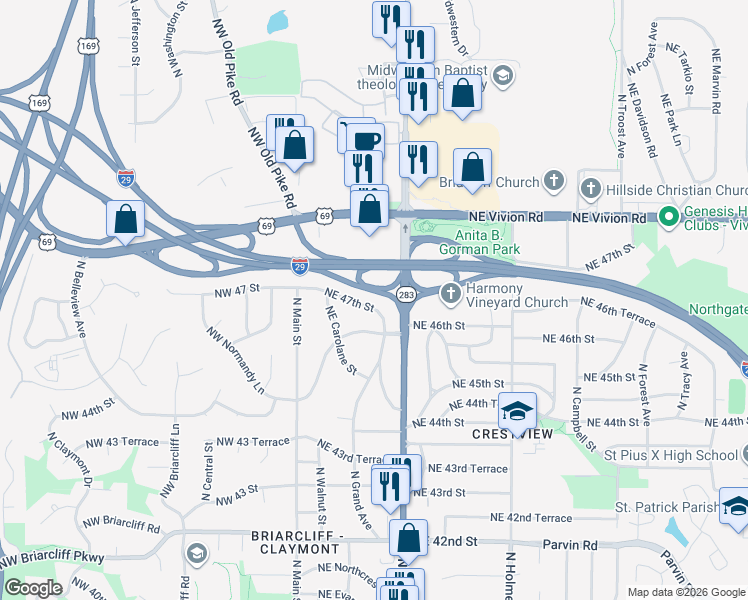 map of restaurants, bars, coffee shops, grocery stores, and more near 134 Northeast 47th Street in Kansas City