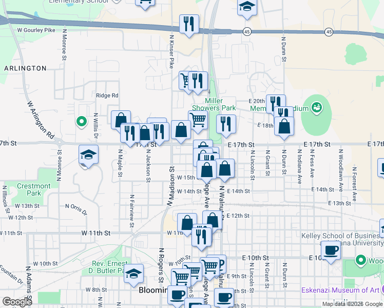 map of restaurants, bars, coffee shops, grocery stores, and more near 314 West Kenwood Drive in Bloomington