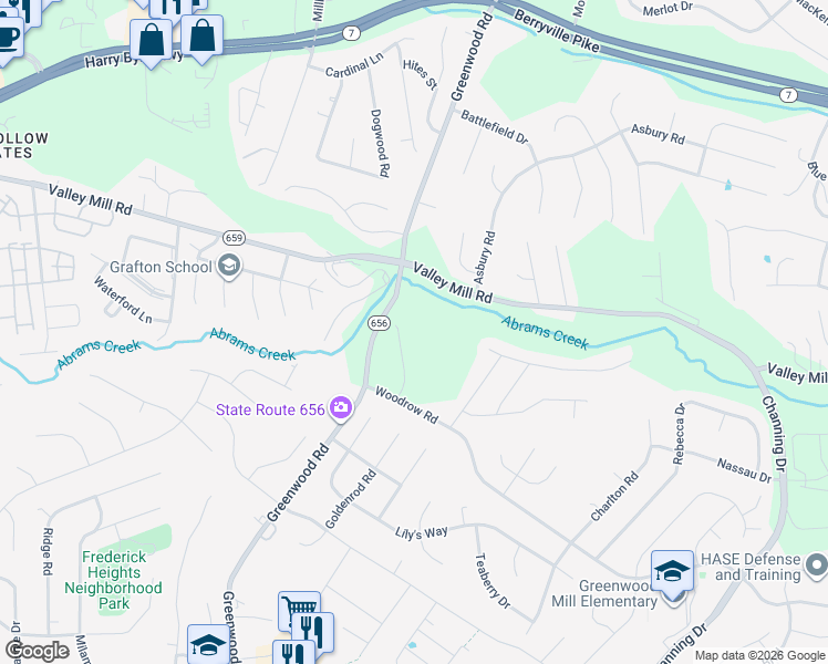 map of restaurants, bars, coffee shops, grocery stores, and more near 508 Emily Lane in Winchester