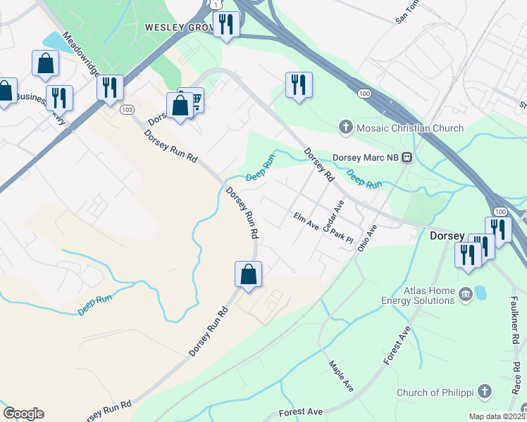 map of restaurants, bars, coffee shops, grocery stores, and more near 6984 Elm Avenue in Elkridge