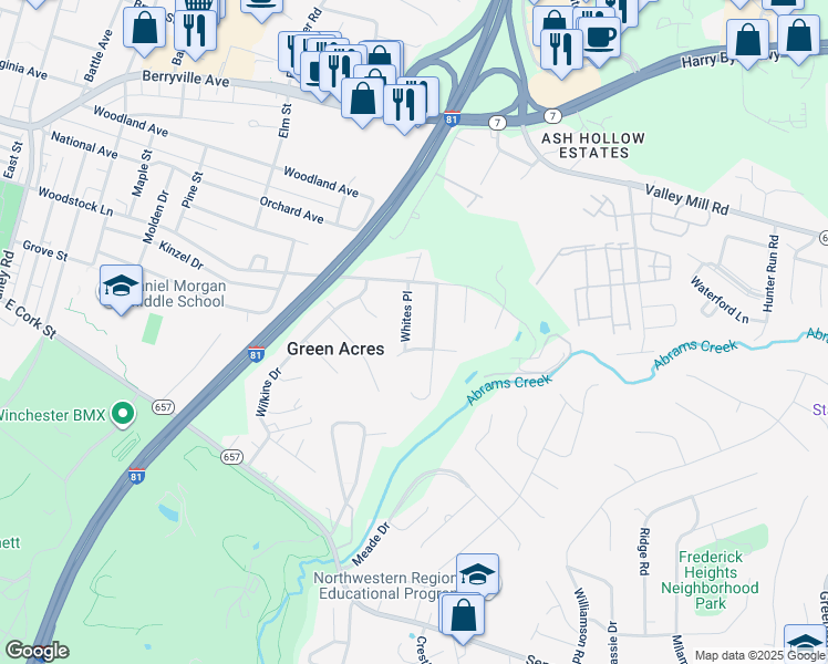 map of restaurants, bars, coffee shops, grocery stores, and more near 113 Whites Place in Winchester