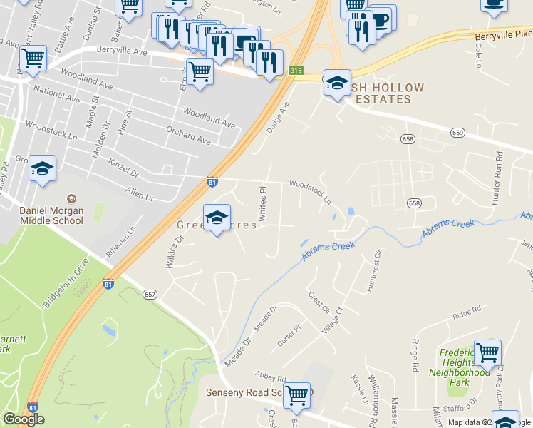 map of restaurants, bars, coffee shops, grocery stores, and more near 113 Whites Place in Winchester