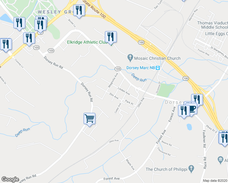 map of restaurants, bars, coffee shops, grocery stores, and more near 7012 Lennox Avenue in Elkridge