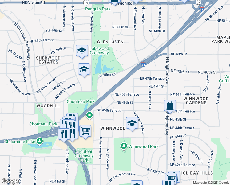 map of restaurants, bars, coffee shops, grocery stores, and more near 4400 Northeast 46th Terrace in Kansas City