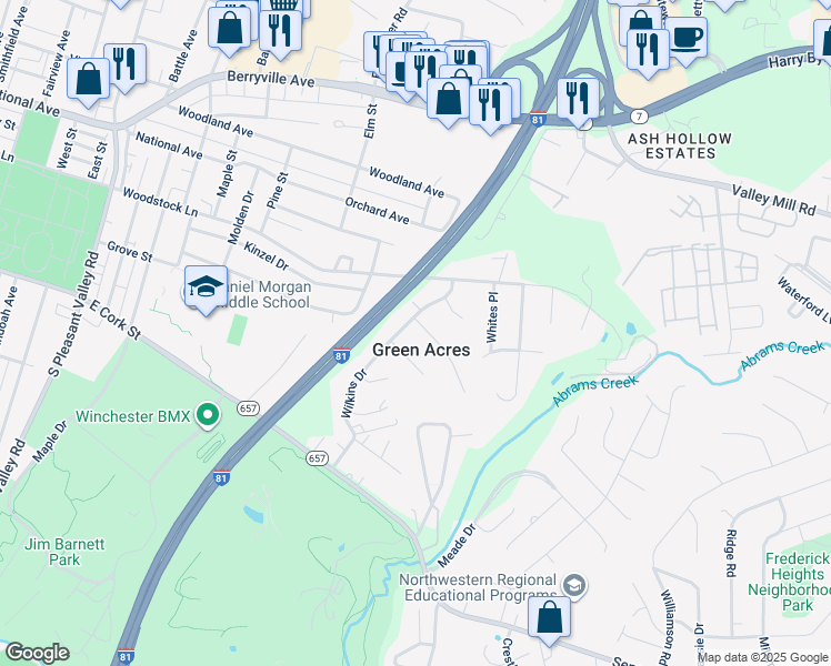map of restaurants, bars, coffee shops, grocery stores, and more near 102 Cherry Hill Drive in Winchester