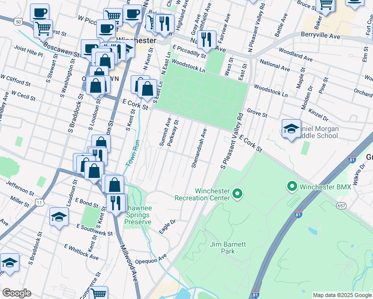 map of restaurants, bars, coffee shops, grocery stores, and more near 256 Shawnee Avenue in Winchester