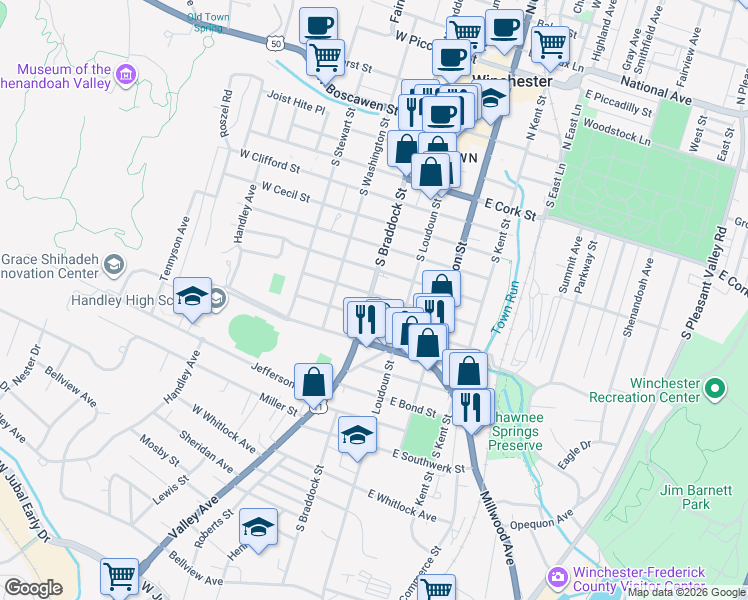 map of restaurants, bars, coffee shops, grocery stores, and more near 701 South Braddock Street in Winchester