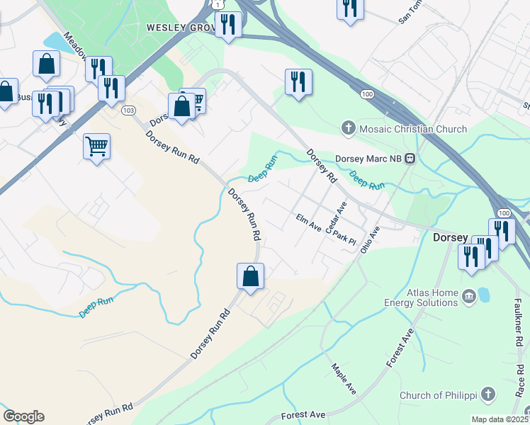map of restaurants, bars, coffee shops, grocery stores, and more near 6984 Elm Avenue in Elkridge
