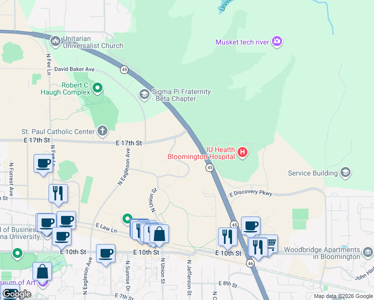 map of restaurants, bars, coffee shops, grocery stores, and more near 2200 East Lingelbach Lane in Bloomington
