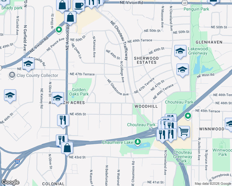 map of restaurants, bars, coffee shops, grocery stores, and more near 4636 Northeast Gladstone Avenue in Kansas City