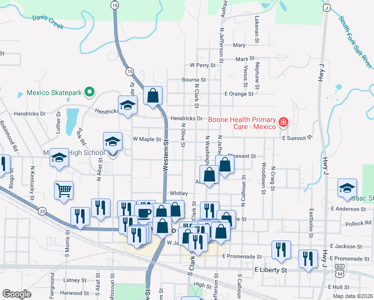 map of restaurants, bars, coffee shops, grocery stores, and more near 814 N Olive St in Mexico