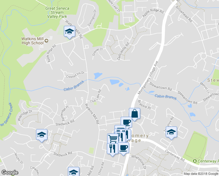 map of restaurants, bars, coffee shops, grocery stores, and more near 19672 Club Lake Road in Gaithersburg