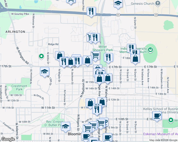 map of restaurants, bars, coffee shops, grocery stores, and more near 314 West Kenwood Drive in Bloomington