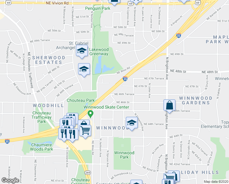 map of restaurants, bars, coffee shops, grocery stores, and more near 4400 Northeast 46th Terrace in Kansas City