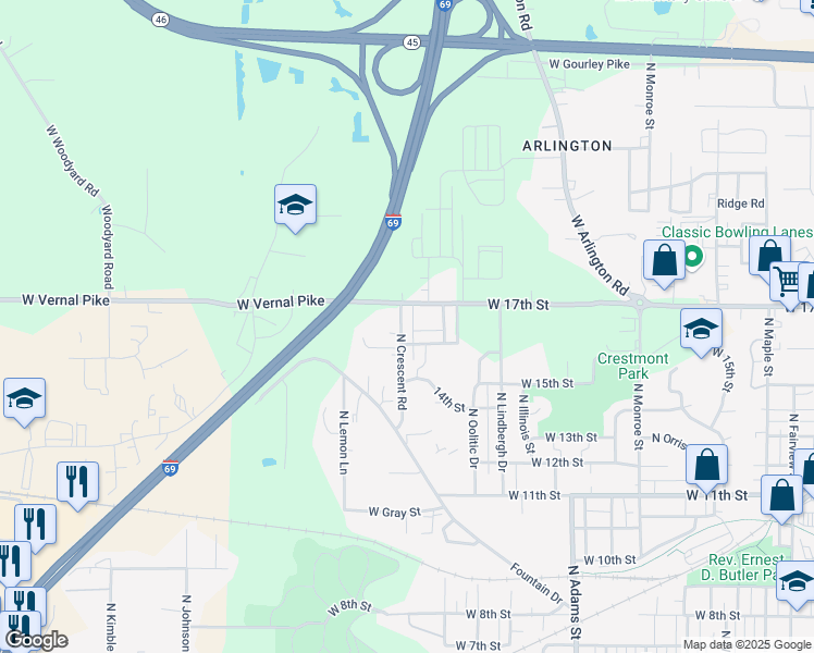 map of restaurants, bars, coffee shops, grocery stores, and more near 1306 North Crescent Road in Bloomington