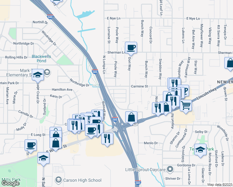 map of restaurants, bars, coffee shops, grocery stores, and more near 131 Royal Drive in Carson City