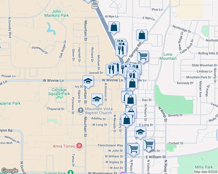 map of restaurants, bars, coffee shops, grocery stores, and more near 302 Meyer Street in Carson City