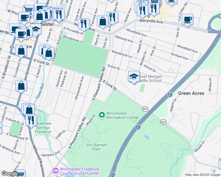 map of restaurants, bars, coffee shops, grocery stores, and more near 923 East Cork Street in Winchester