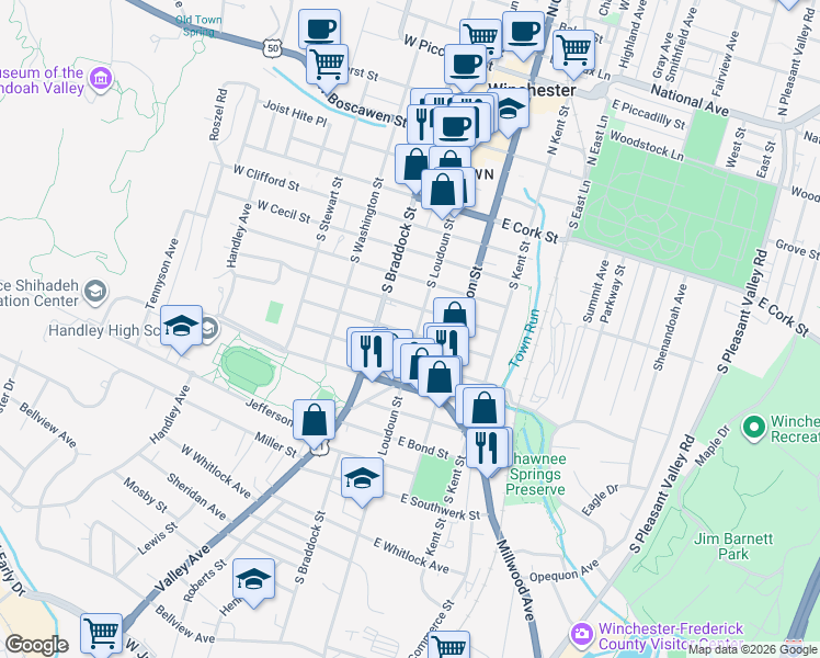 map of restaurants, bars, coffee shops, grocery stores, and more near 625 South Loudoun Street in Winchester