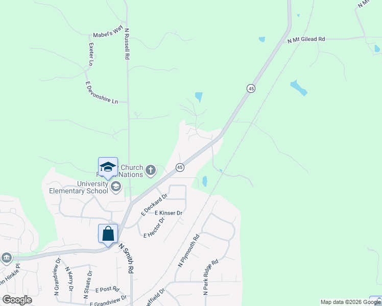 map of restaurants, bars, coffee shops, grocery stores, and more near 4615 East State Road 45 in Bloomington