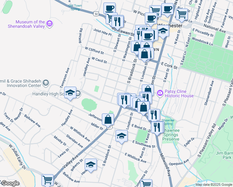 map of restaurants, bars, coffee shops, grocery stores, and more near 712 South Washington Street in Winchester