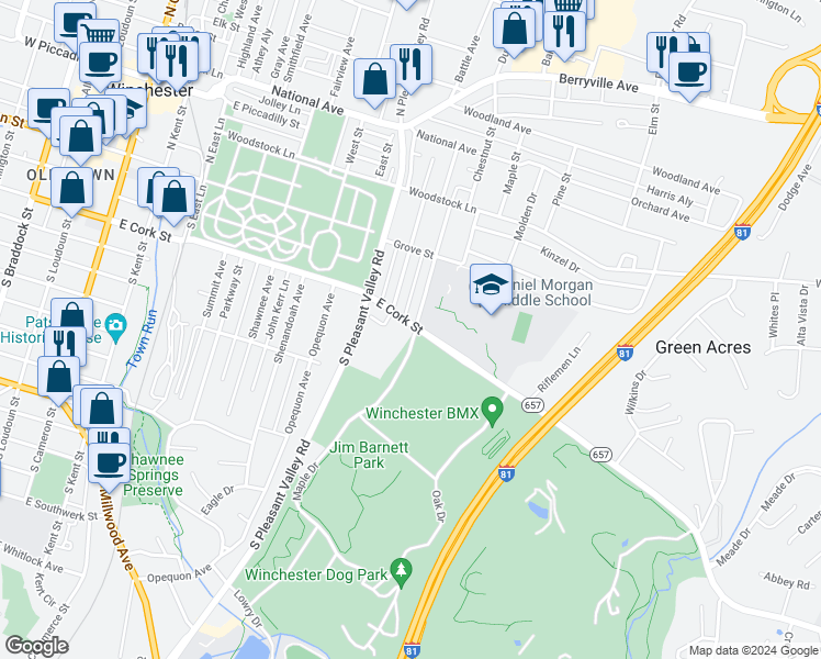 map of restaurants, bars, coffee shops, grocery stores, and more near 923 East Cork Street in Winchester