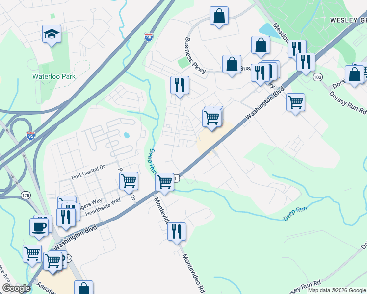 map of restaurants, bars, coffee shops, grocery stores, and more near 7751 Coriander Place in Elkridge