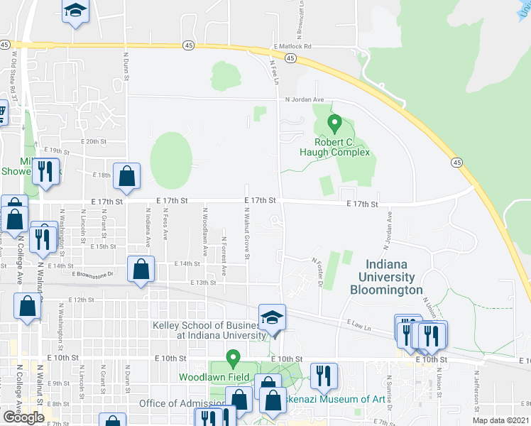 map of restaurants, bars, coffee shops, grocery stores, and more near 1225 North Walnut Grove Street in Bloomington
