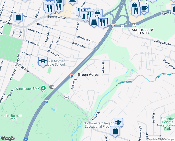 map of restaurants, bars, coffee shops, grocery stores, and more near 102 Cherry Hill Drive in Winchester