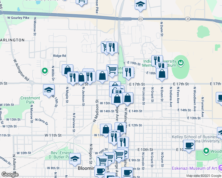 map of restaurants, bars, coffee shops, grocery stores, and more near 1302 North Woodburn Avenue in Bloomington