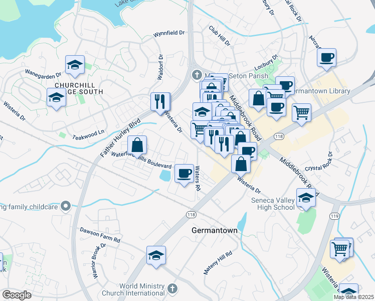 map of restaurants, bars, coffee shops, grocery stores, and more near 13201 Tiber Falls Way in Germantown