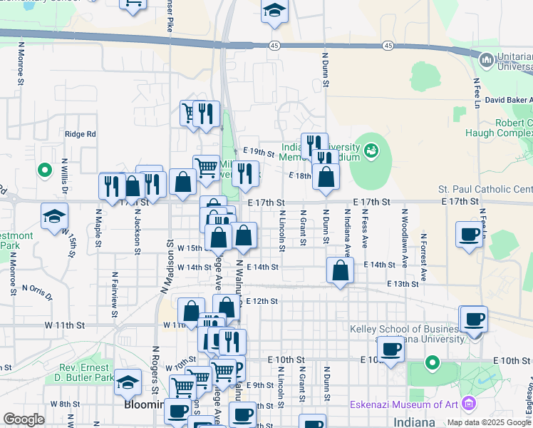 map of restaurants, bars, coffee shops, grocery stores, and more near 1214 North Washington Street in Bloomington