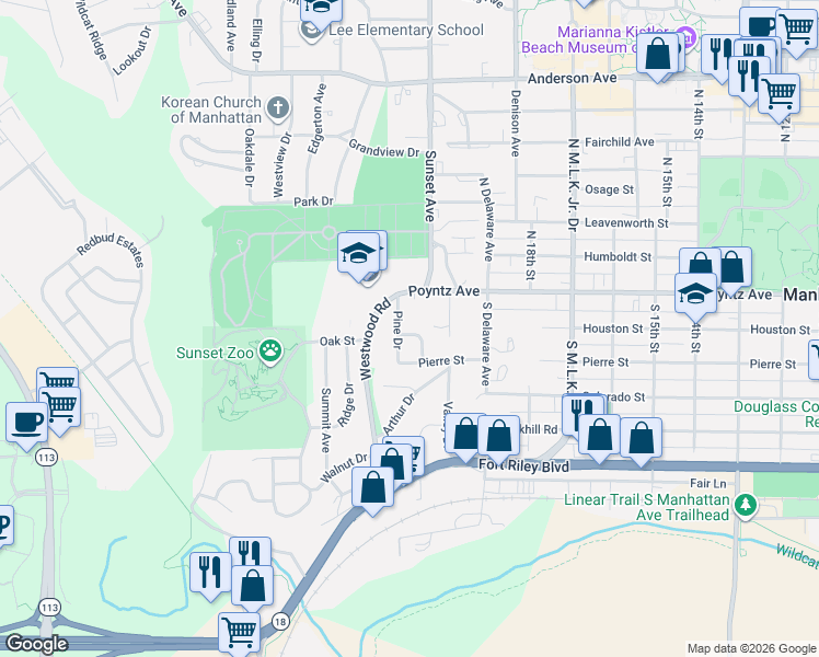 map of restaurants, bars, coffee shops, grocery stores, and more near 2020 Scheu Drive in Manhattan