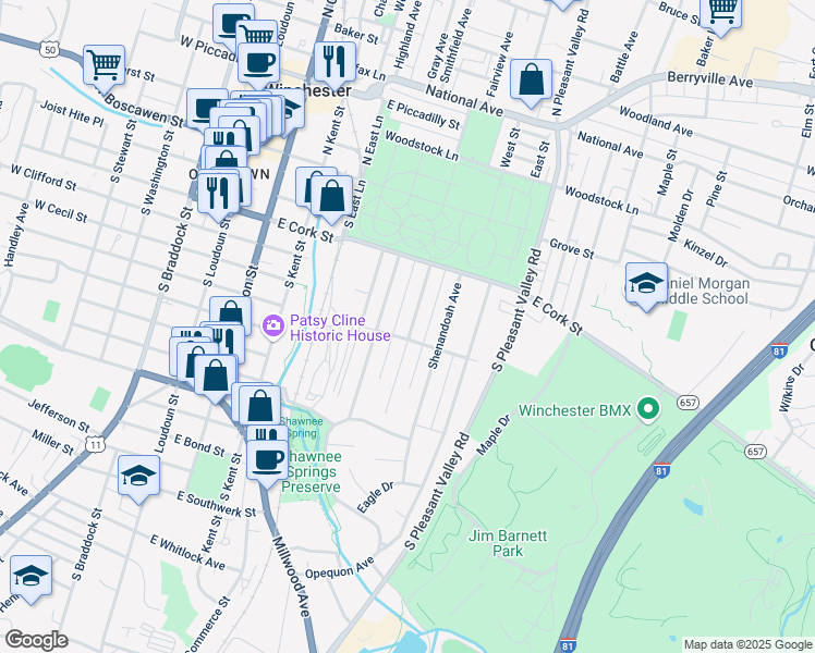 map of restaurants, bars, coffee shops, grocery stores, and more near 255 Shawnee Avenue in Winchester