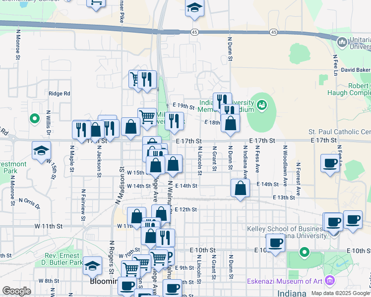 map of restaurants, bars, coffee shops, grocery stores, and more near 1314 North Washington Street in Bloomington
