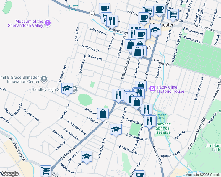 map of restaurants, bars, coffee shops, grocery stores, and more near 712 South Washington Street in Winchester