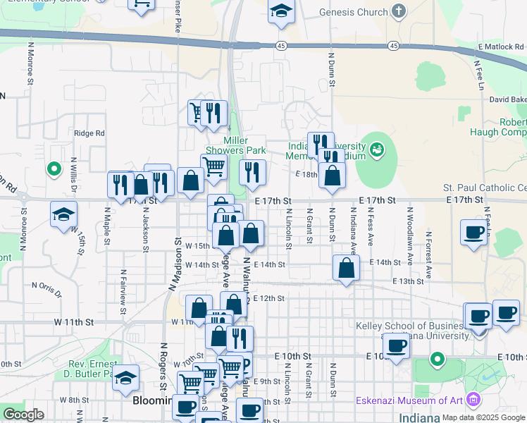 map of restaurants, bars, coffee shops, grocery stores, and more near 1315 North Washington Street in Bloomington